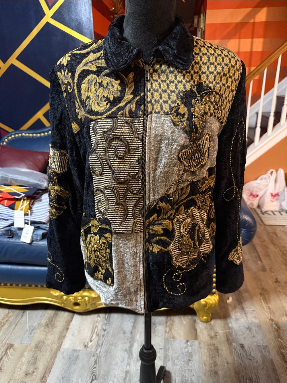Allure Vintage Women’s Black & Gold Patchwork Zip-Front Jacket